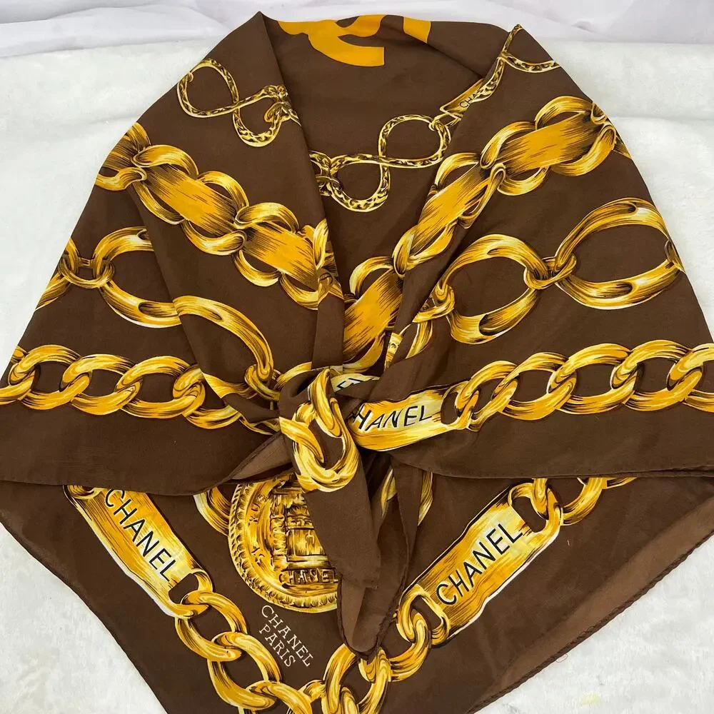 CHANEL PARIS Brown/Gold Silk Scarf Chain Print 34" Square Luxury Old Money - Picture 2 of 3